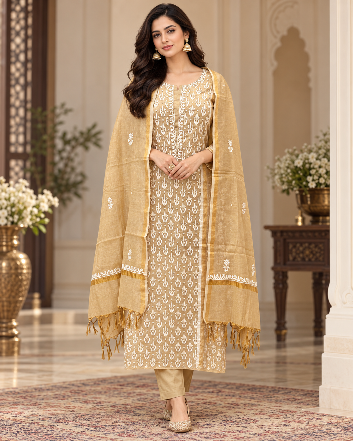 Pure Tissue Pearl Semi Stiched Gown Set