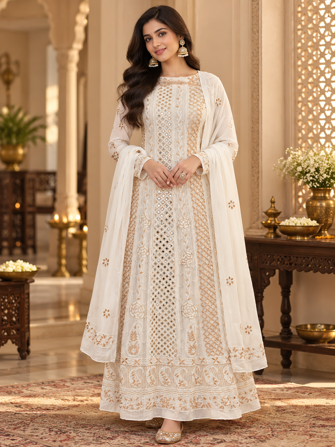 Anarkali Duppatta Set Viscose Georgette Mukaish Gottapatti Pearl Mirror Work