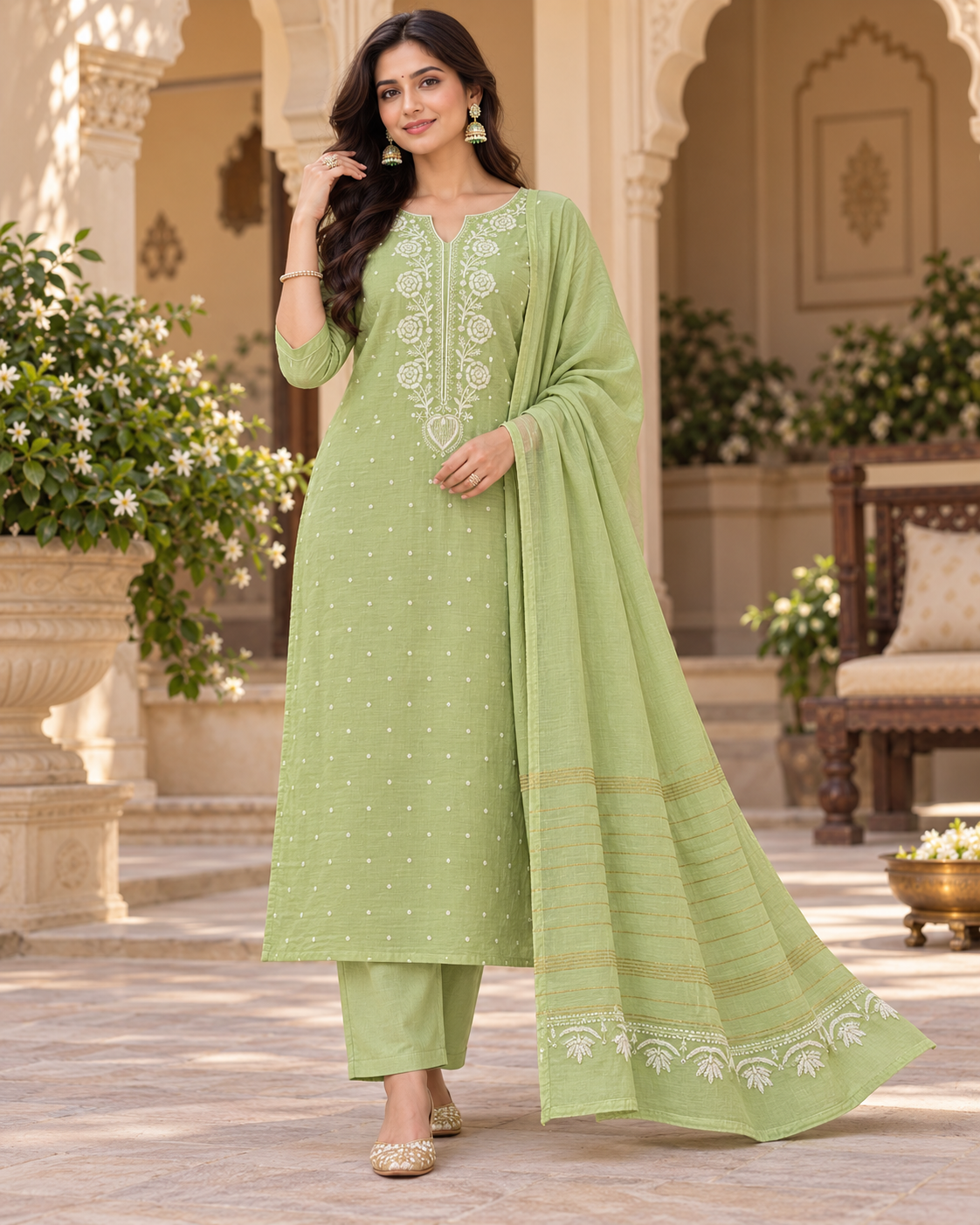 Mul Chanderi Cutdana Work Unstitched Kurti Duppatta Sets (2Pcs)