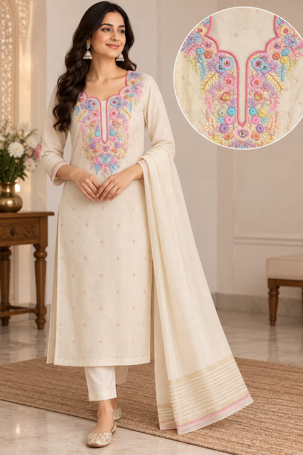 Mul Chanderi Parsi Pearl Cutdhana Work Suit Sets