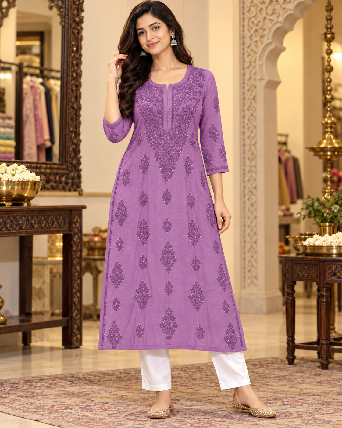 Chanderi Silk Chikan Mukaish Work Straight Kurti