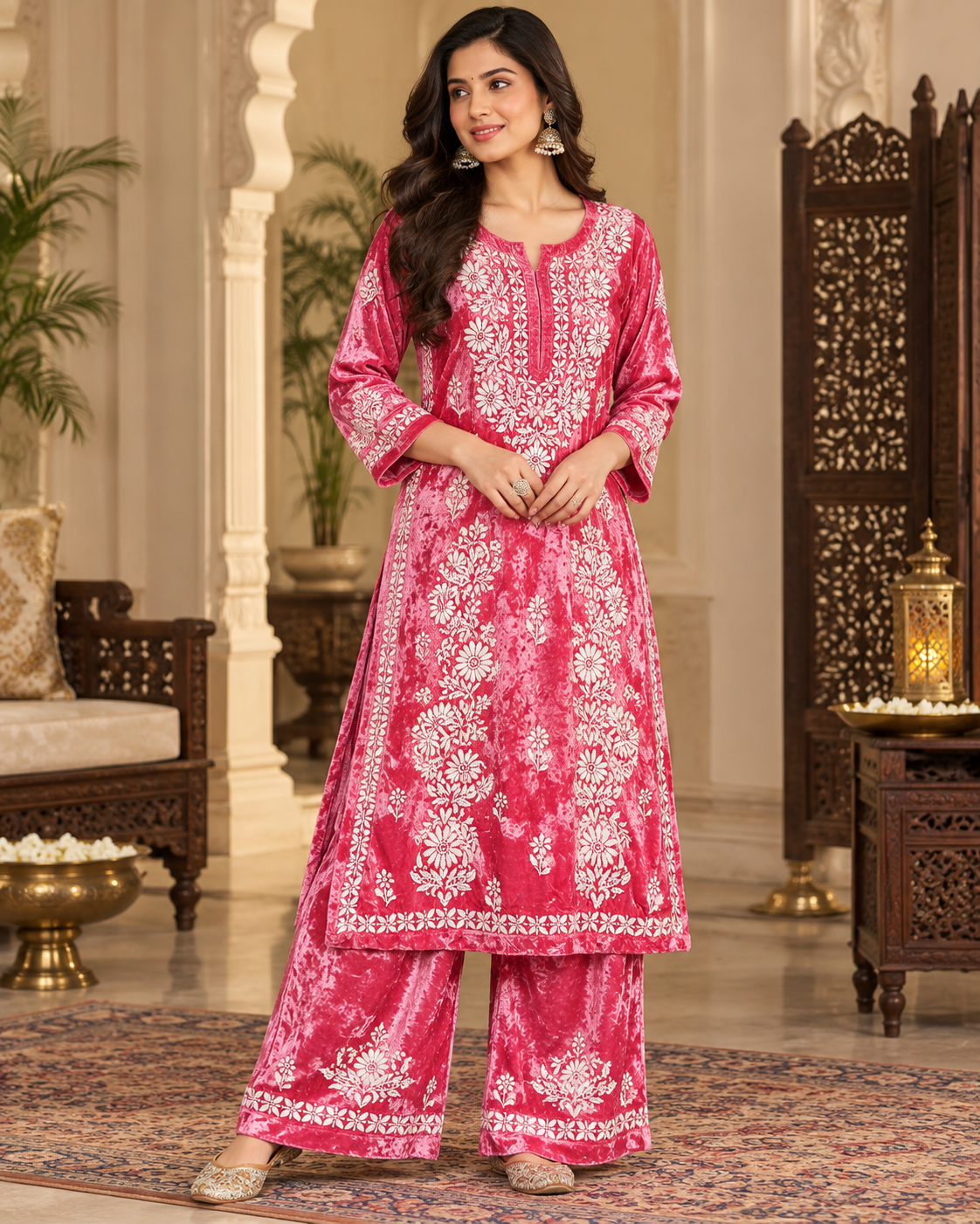 Pure Velvet Fine Ghaspatti Work Kurti Plazzo Sets (2 Taar Work)