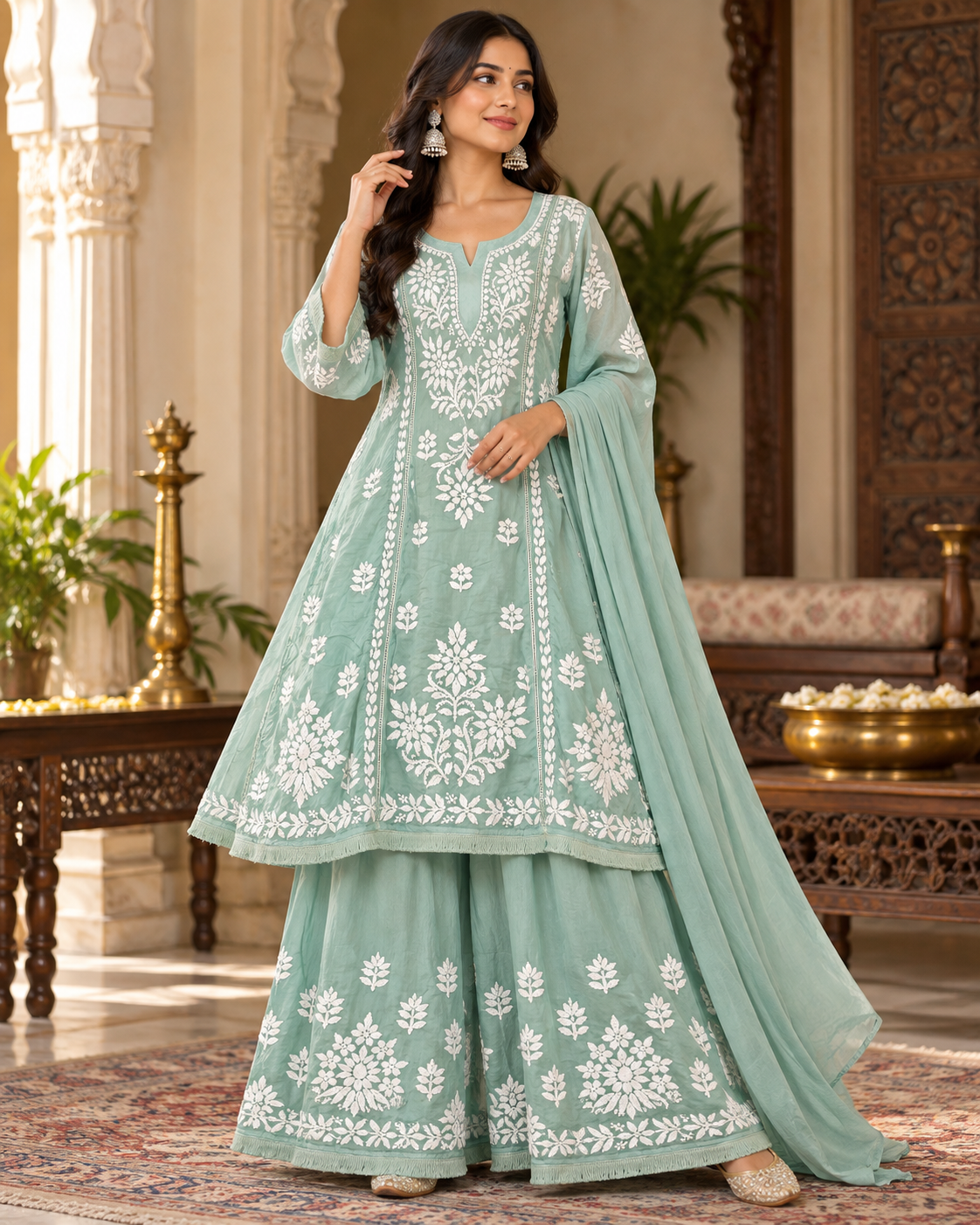 Modal Satin Umbrella Cut Kurti Duppatta Plazzo Sets - Ombre Colour