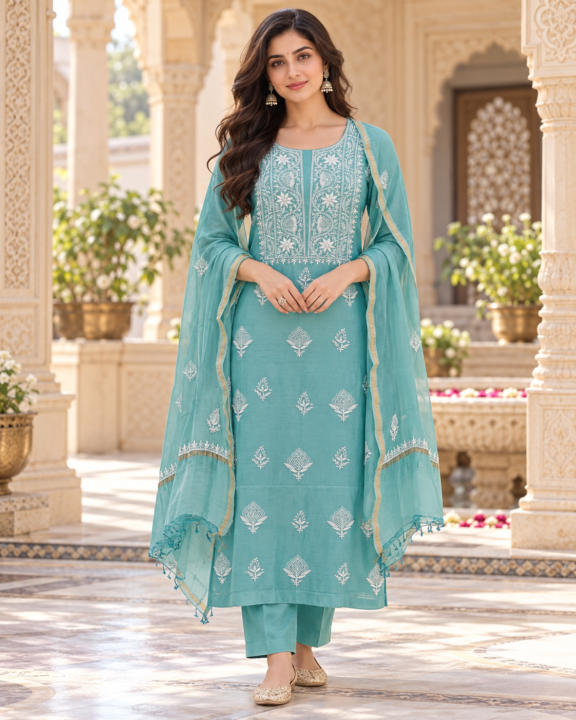 Mul Chanderi Pearl Cutdhana Work Unstitched Kurti Duppatta Sets
