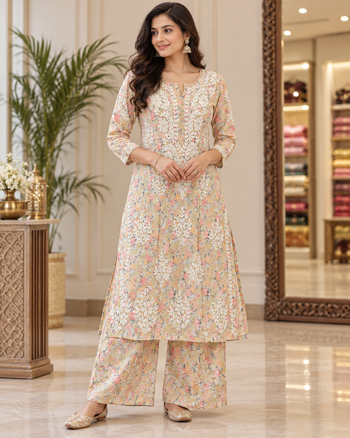 Mul Mul Printed Lucknowi Work Kurti Plazzo Sets