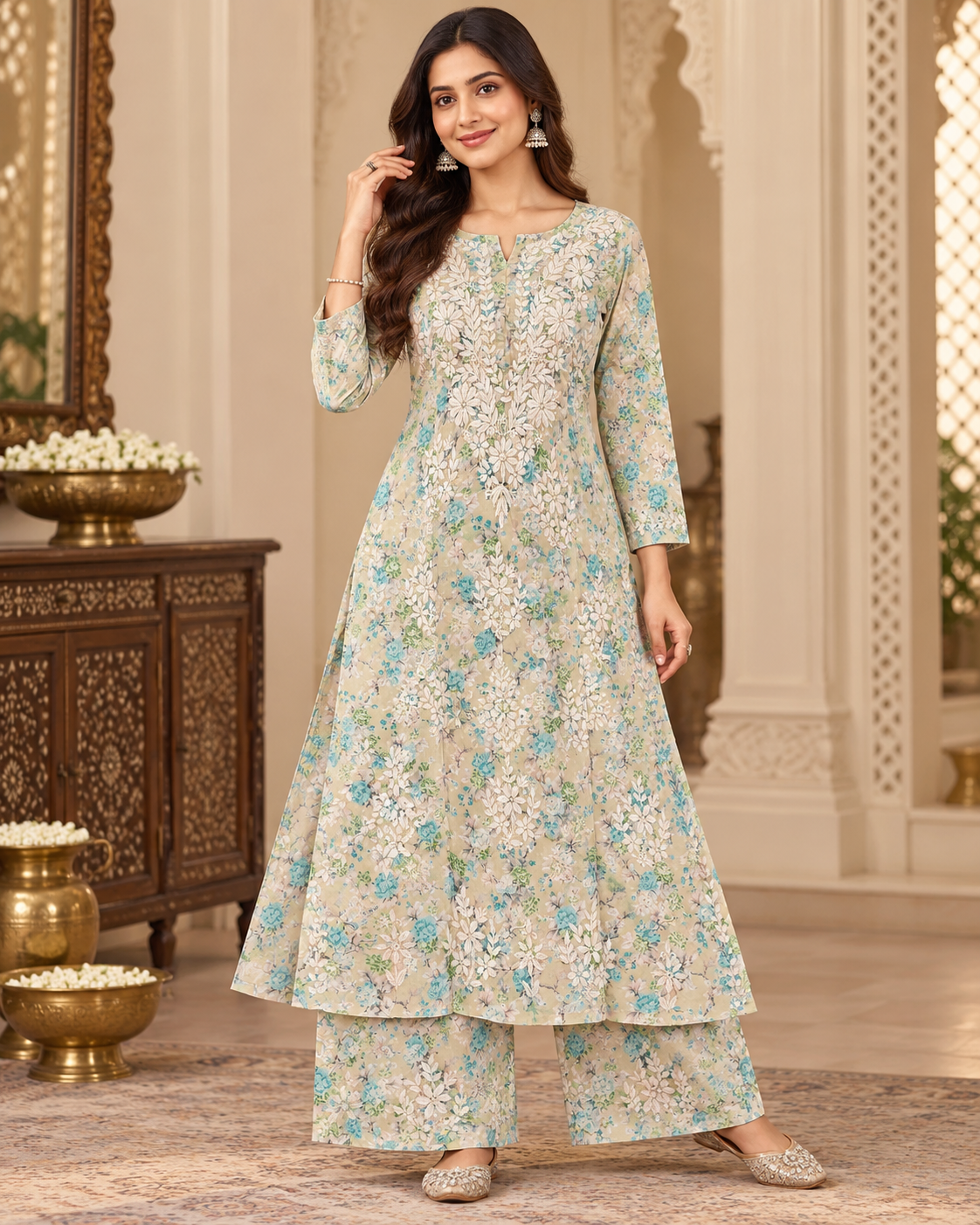 Mul Mul Printed Lucknowi Work Kurti Plazzo Sets