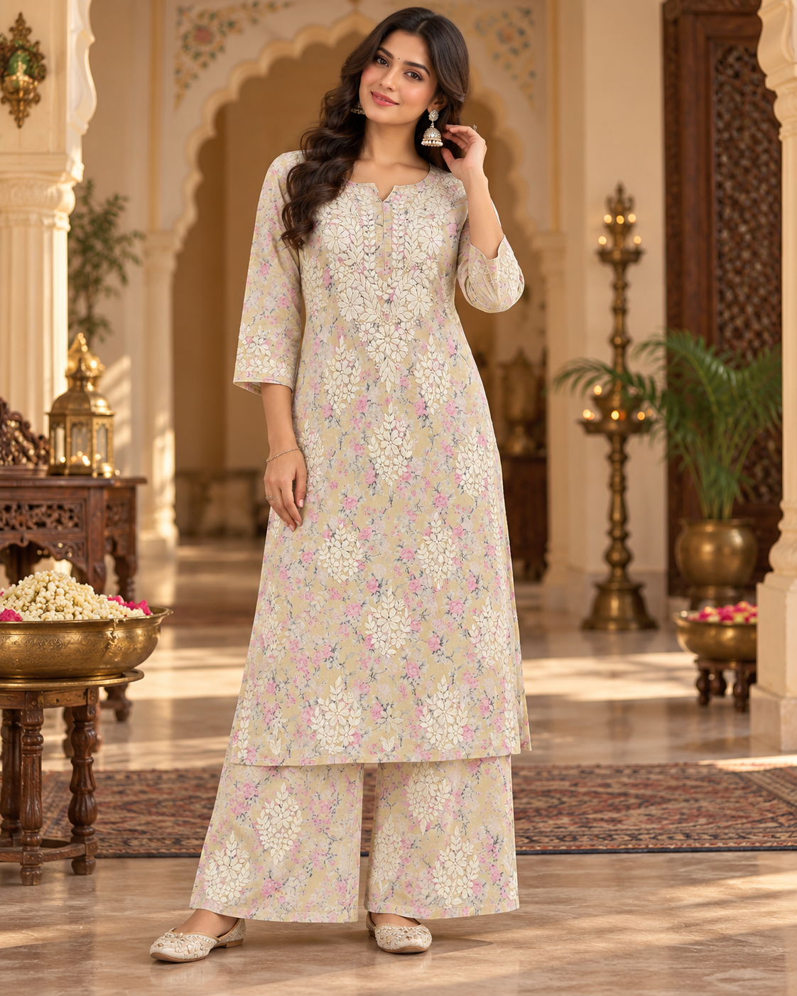 Mul Mul Printed Lucknowi Work Kurti Plazzo Sets