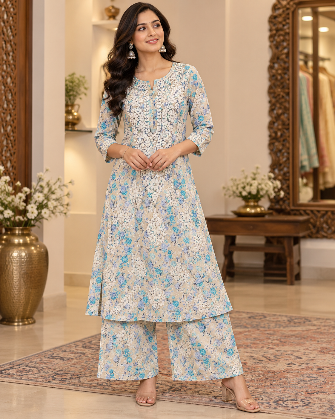 Mul Mul Printed Lucknowi Work Kurti Plazzo Sets