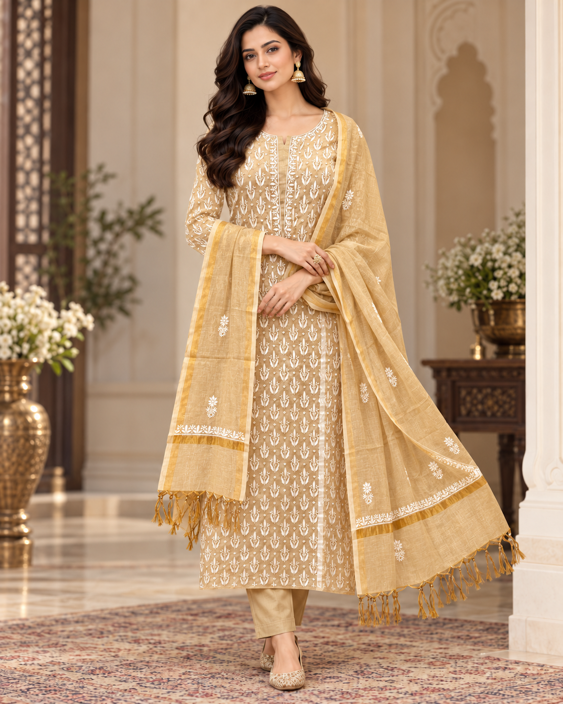 Pure Tissue Pearl Semi Stiched Gown Set
