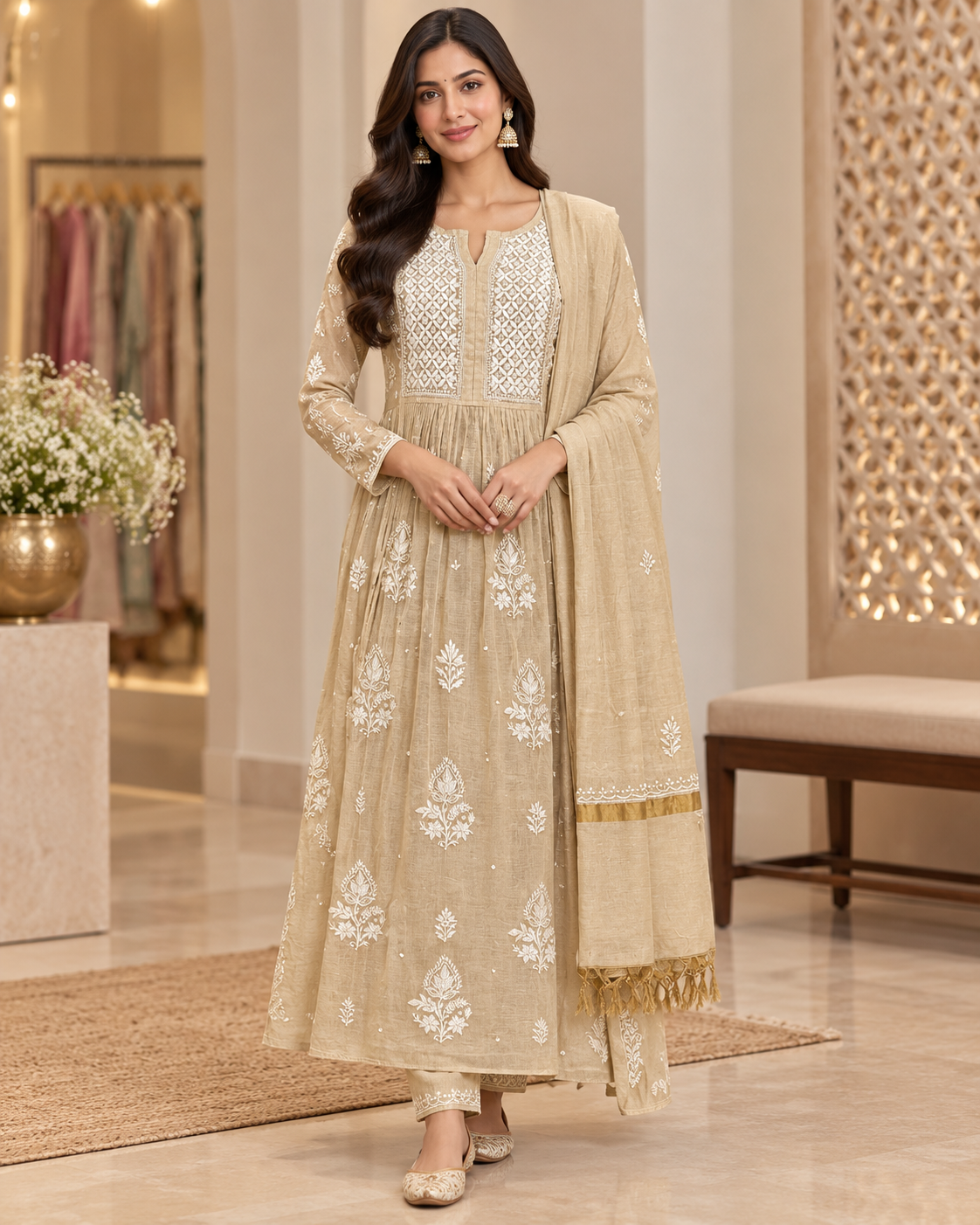 Pure Tissue Semi Stiched Pearl Cutdhana Heavy Work Gown Duppatta Set
