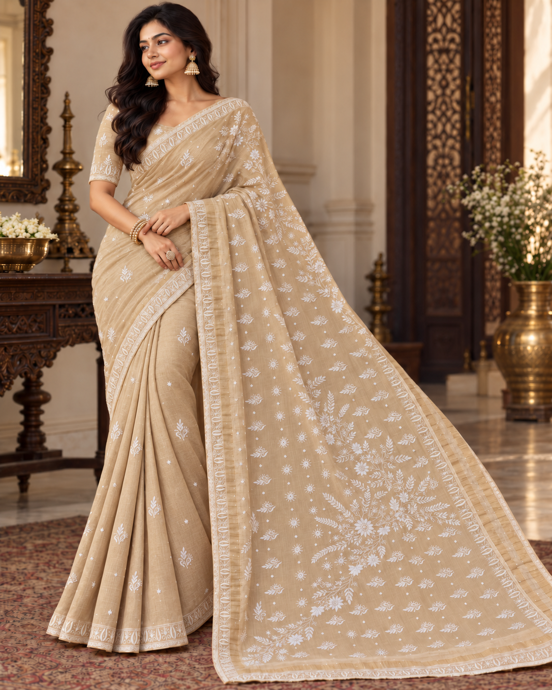 Pure Tissue Saree With blouse Lucknowi chikan Katadana Work