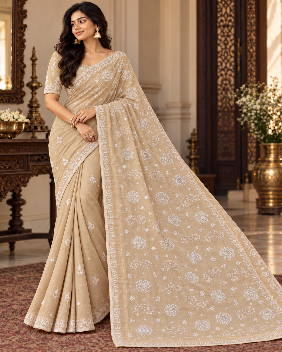Pure Tissue Saree With blouse Lucknowi chikan Katadana Work