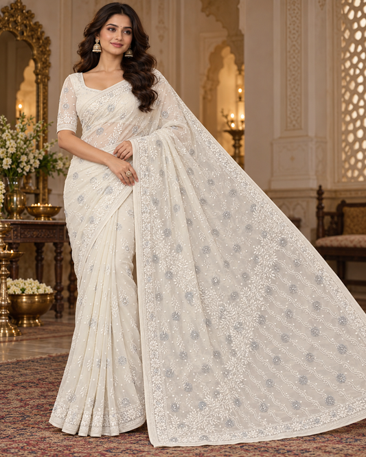 Saree Mul Chanderi Cutdana Pearl Work Saree With Blouse Piece