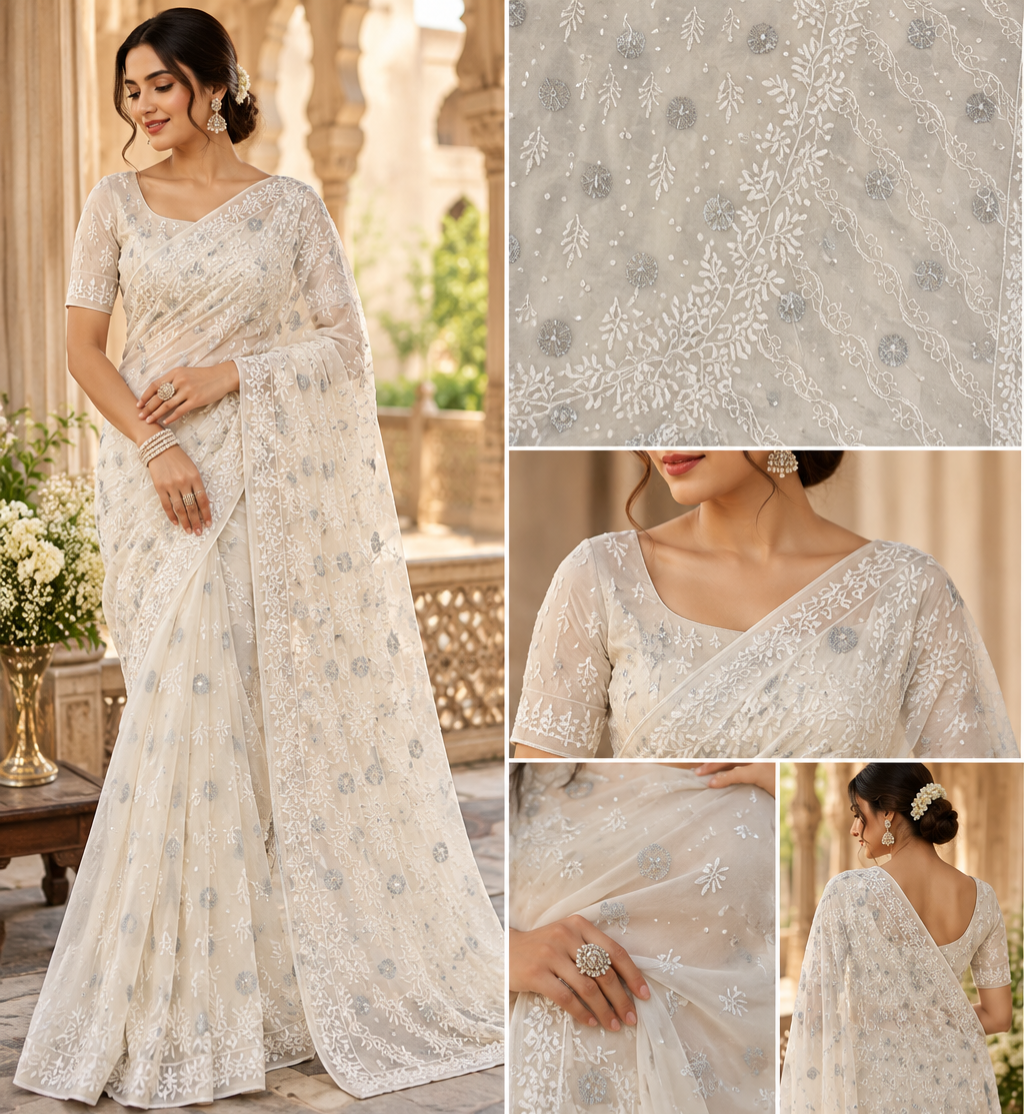 Saree Mul Chanderi Cutdana Pearl Work Saree With Blouse Piece