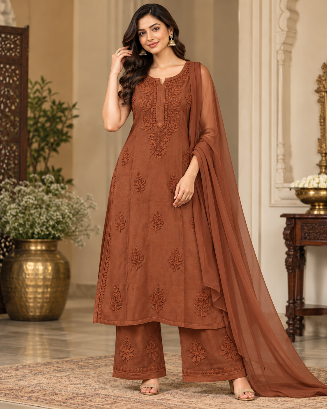 Modal Satin Spaghetti Sleevless Kurti Duppatta Plant Set (3Pcs)