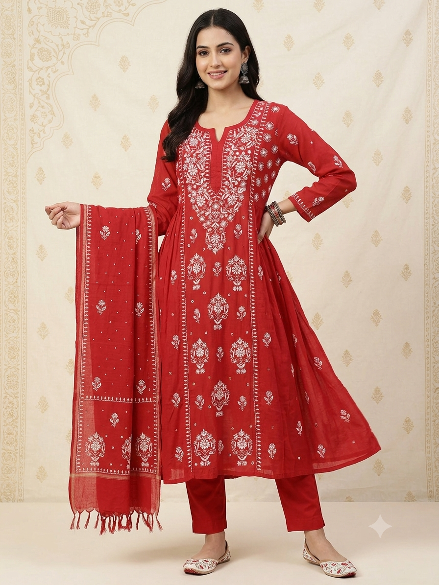 Mul Chanderi Ring Mukaish Lucknowi Set