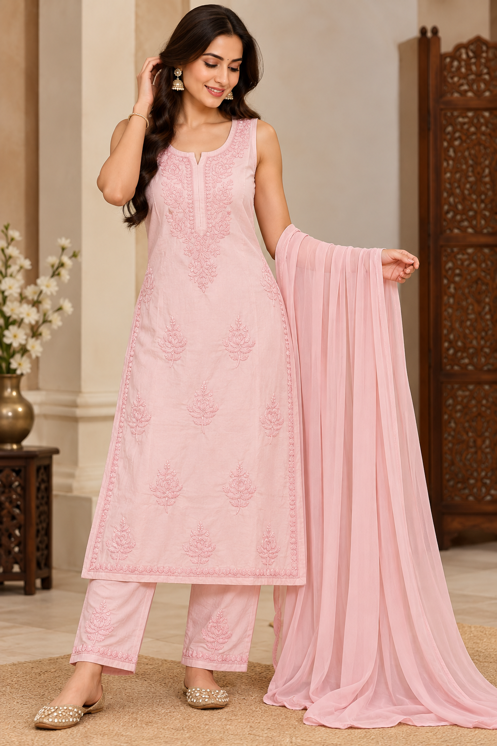 Modal Satin Spaghetti Sleevless Kurti Duppatta Plant Set (3Pcs)