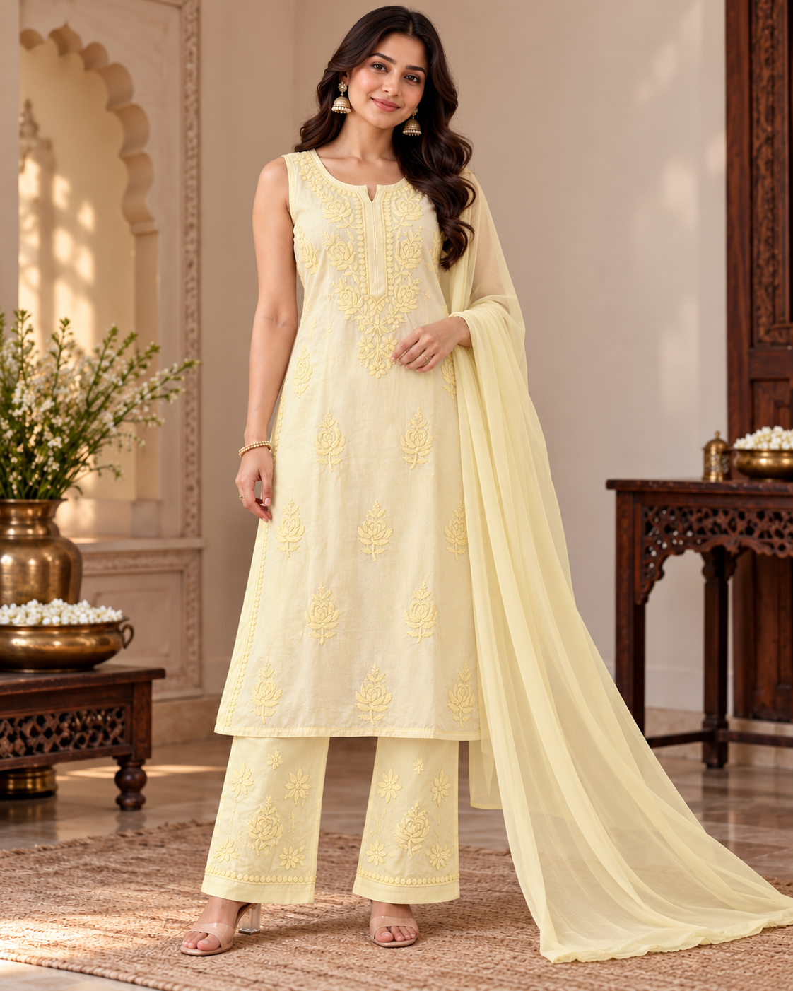 Modal Satin Spaghetti Sleevless Kurti Duppatta Plant Set (3Pcs)