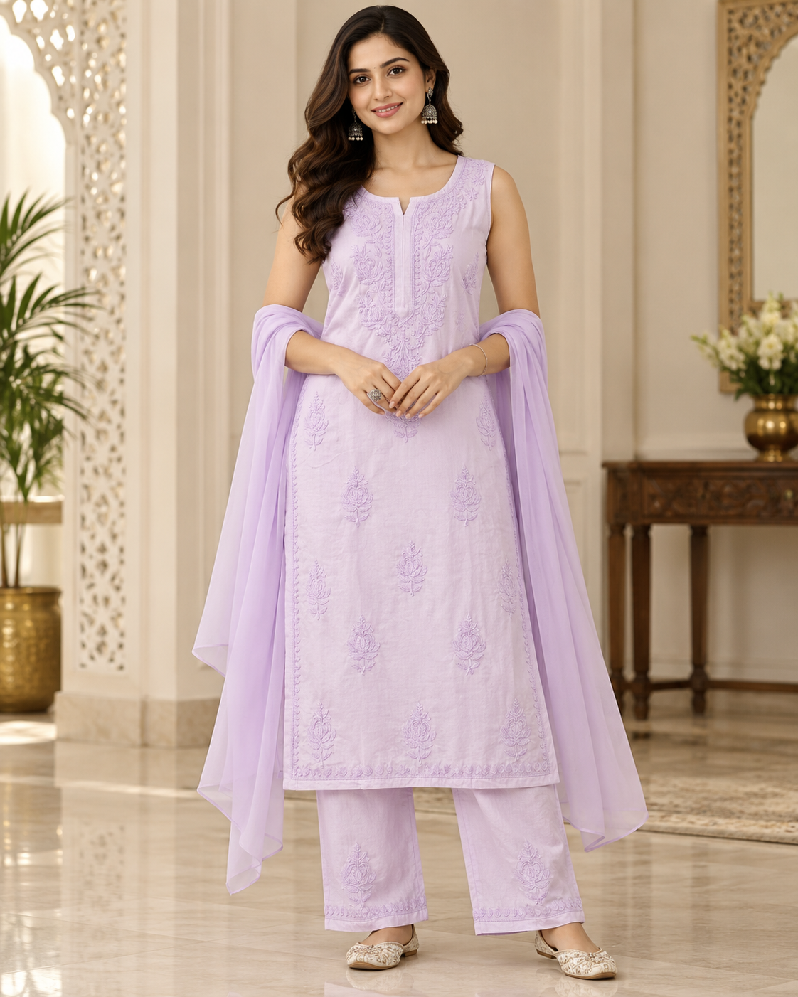Modal Satin Spaghetti Sleevless Kurti Duppatta Plant Set (3Pcs)