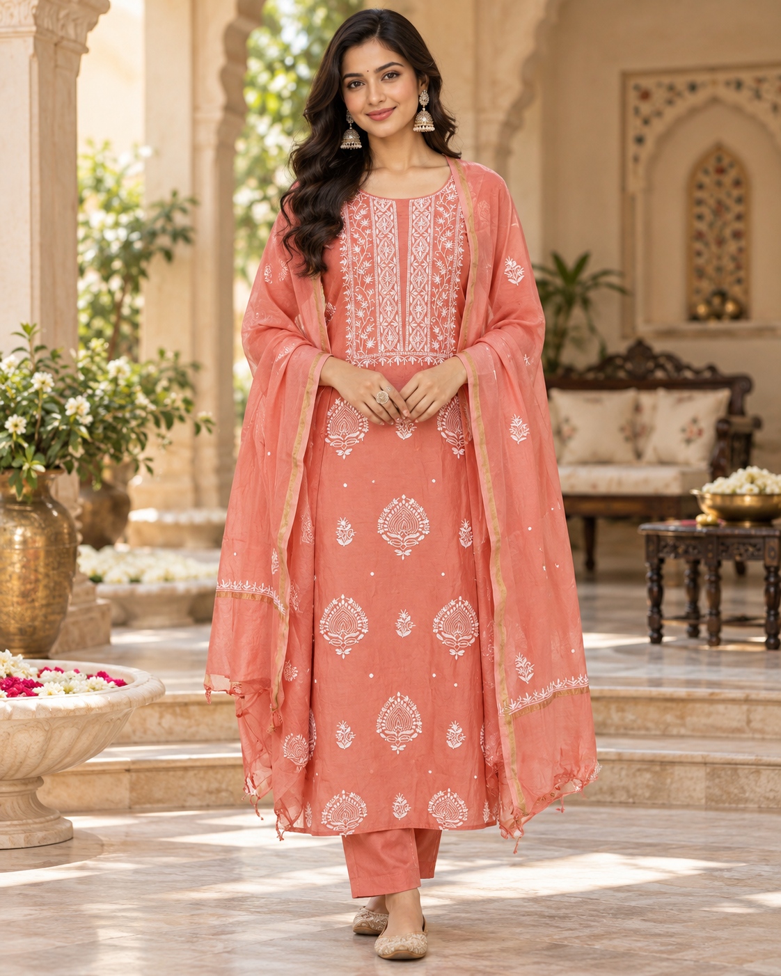 Mul Chanderi Pearl Cutdhana Work Unstitched Kurti Duppatta Sets