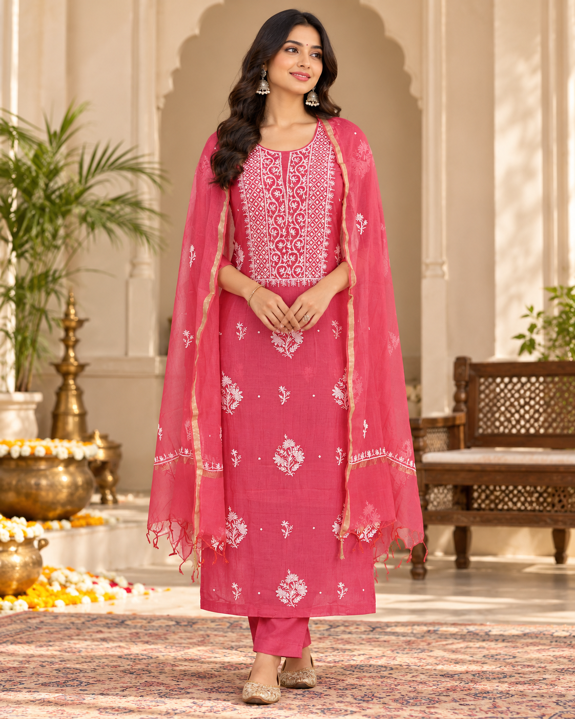 Mul Chanderi Pearl Cutdhana Work Unstitched Kurti Duppatta Sets