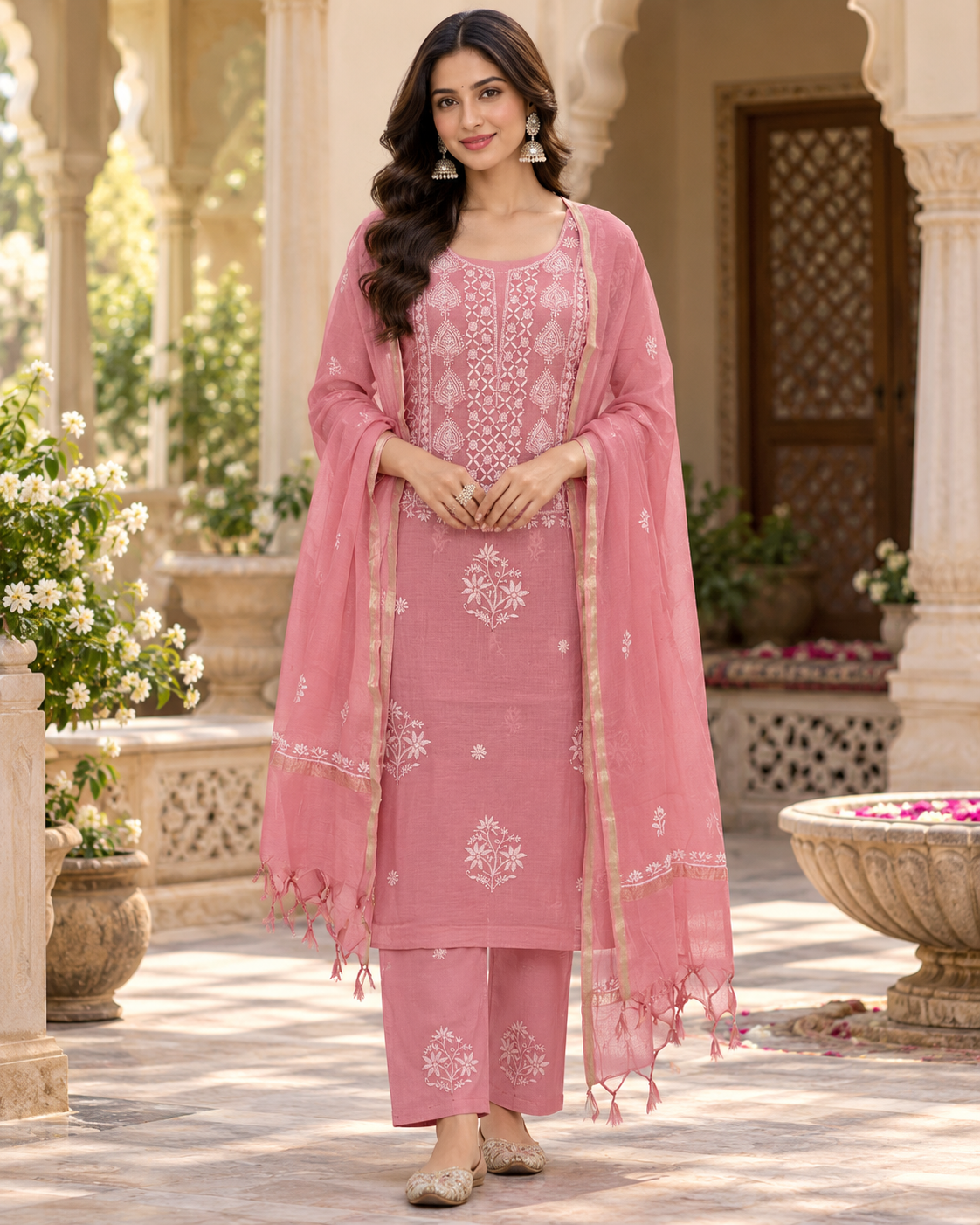 Mul Chanderi Pearl Cutdhana Work Unstitched Kurti Duppatta Sets