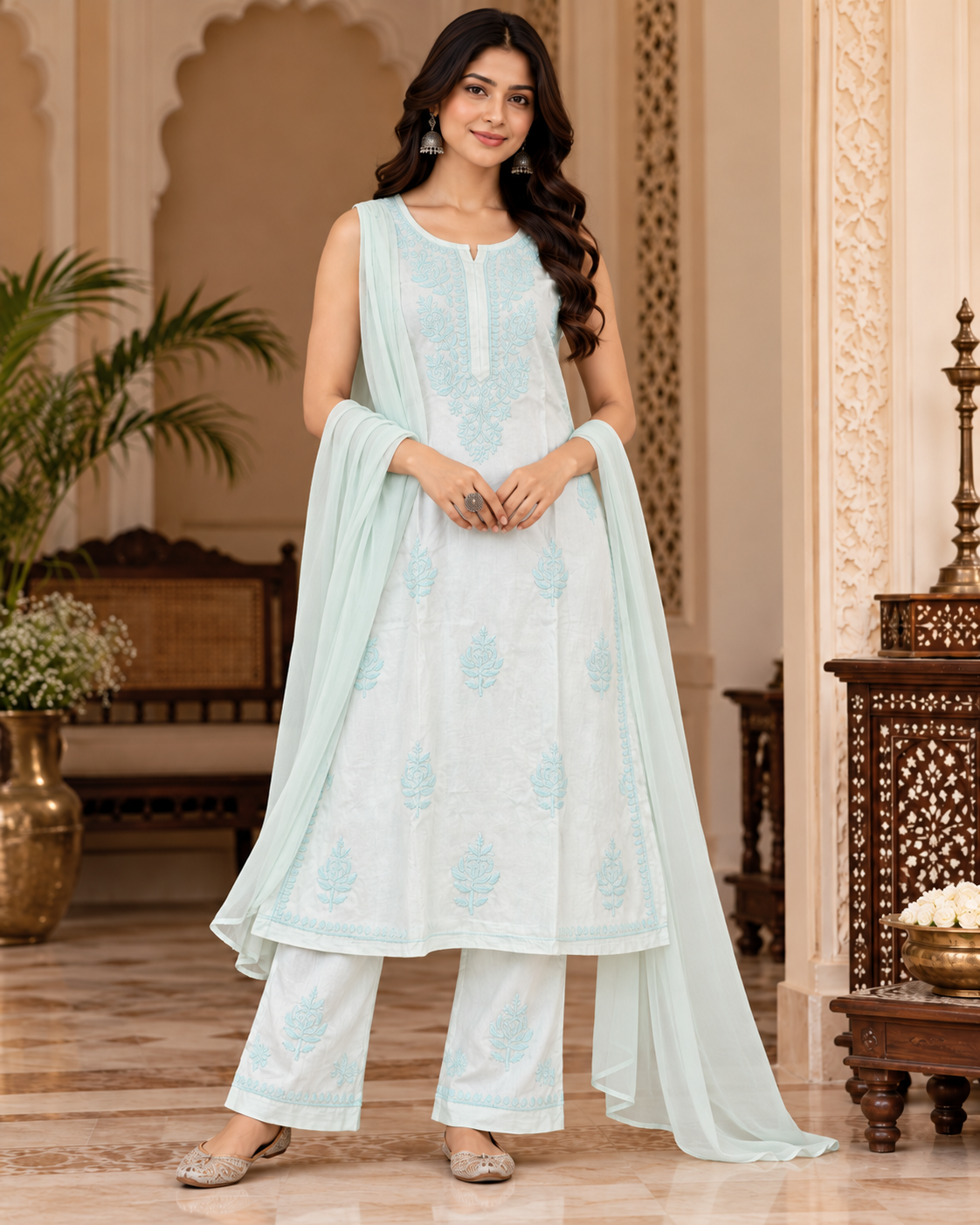 Modal Satin Spaghetti Sleevless Kurti Duppatta Plant Set (3Pcs)