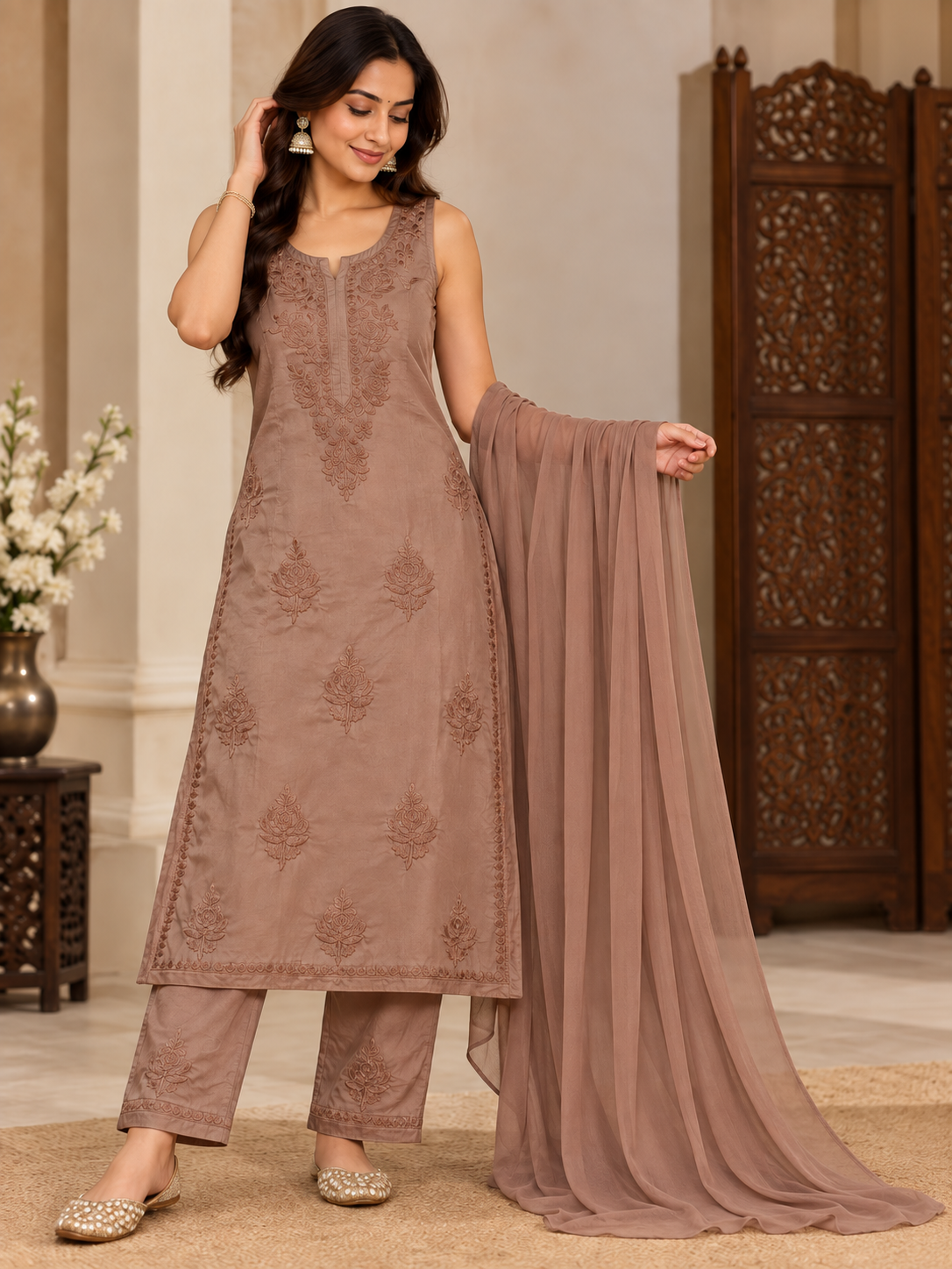 Modal Satin Spaghetti Sleevless Kurti Duppatta Plant Set (3Pcs)