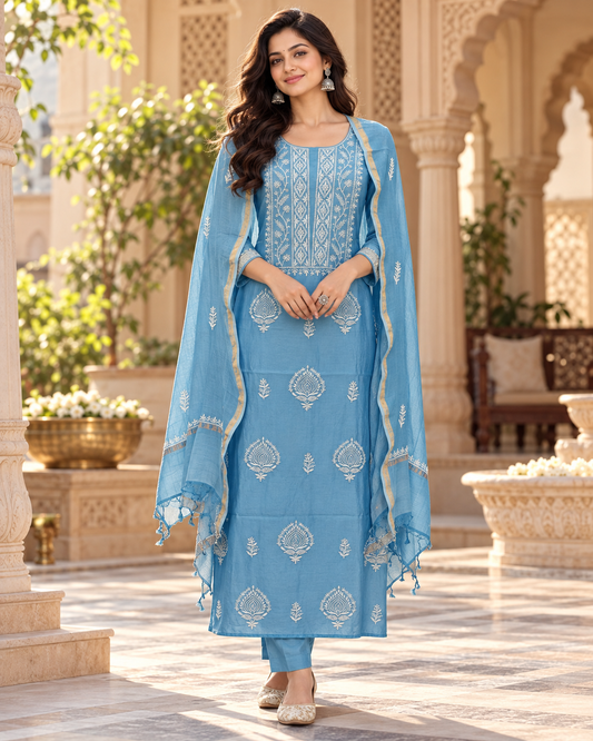 Mul Chanderi Pearl Cutdhana Work Unstitched Kurti Duppatta Sets