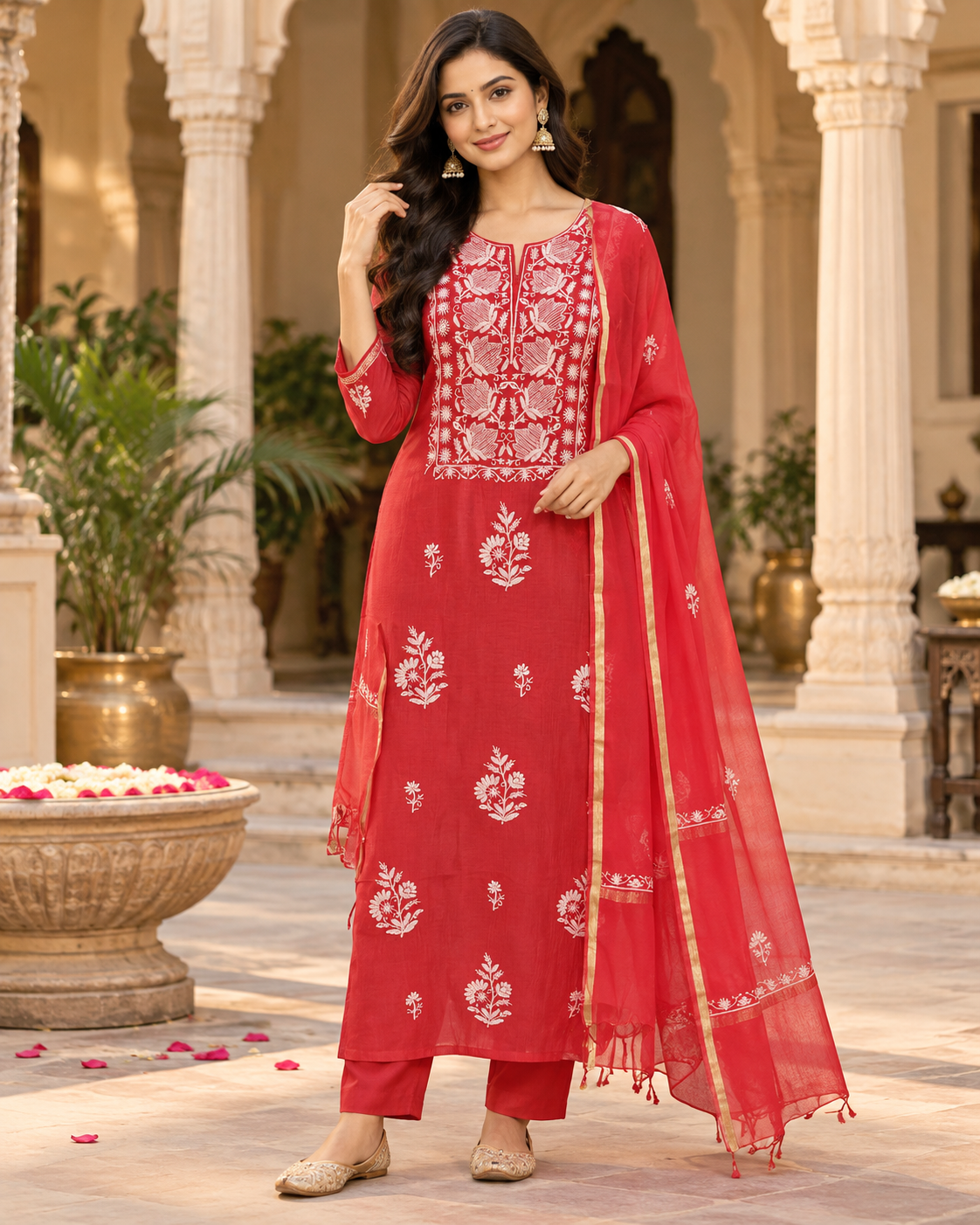 Mul Chanderi Pearl Cutdhana Work Unstitched Kurti Duppatta Sets