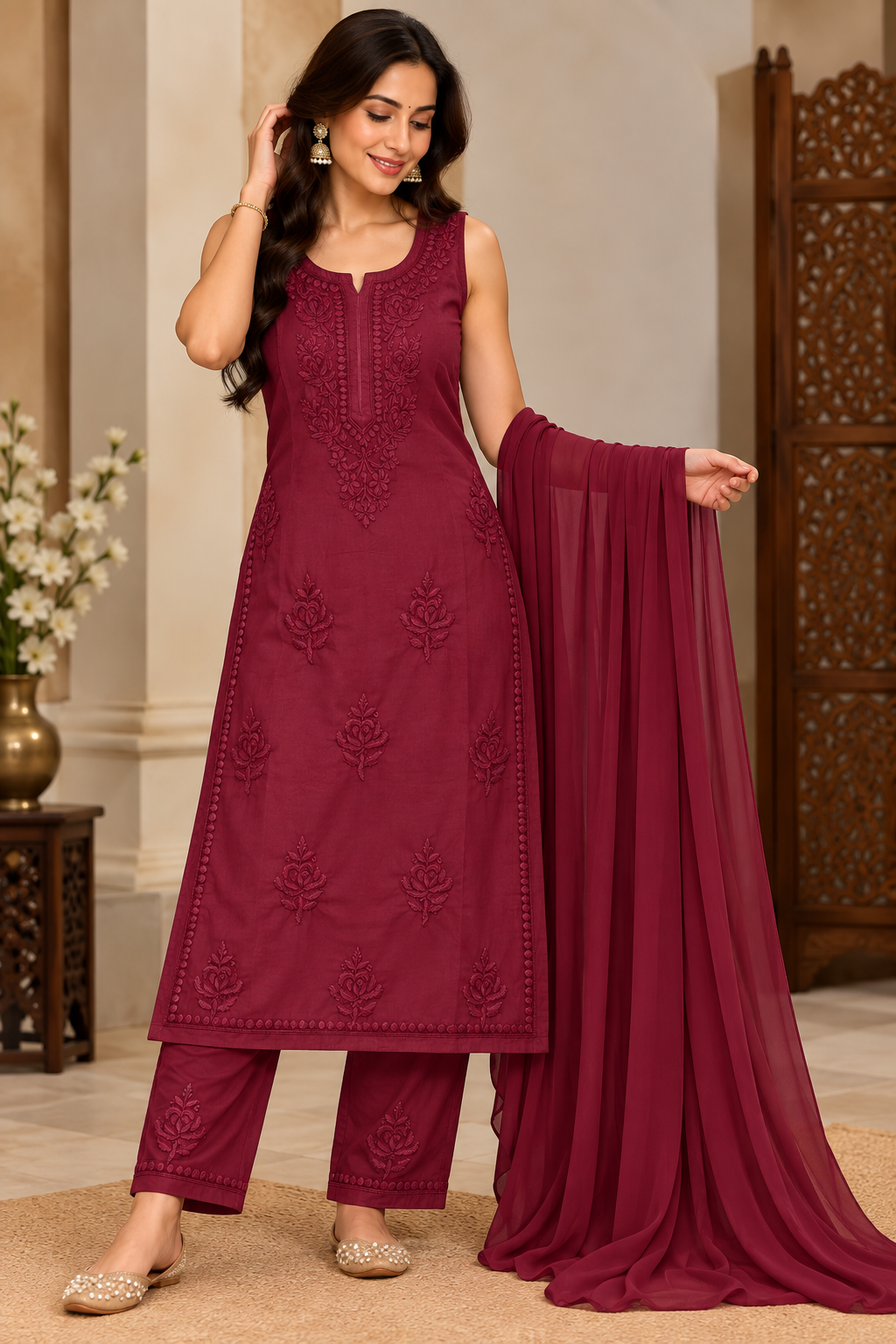Modal Satin Spaghetti Sleevless Kurti Duppatta Plant Set (3Pcs)
