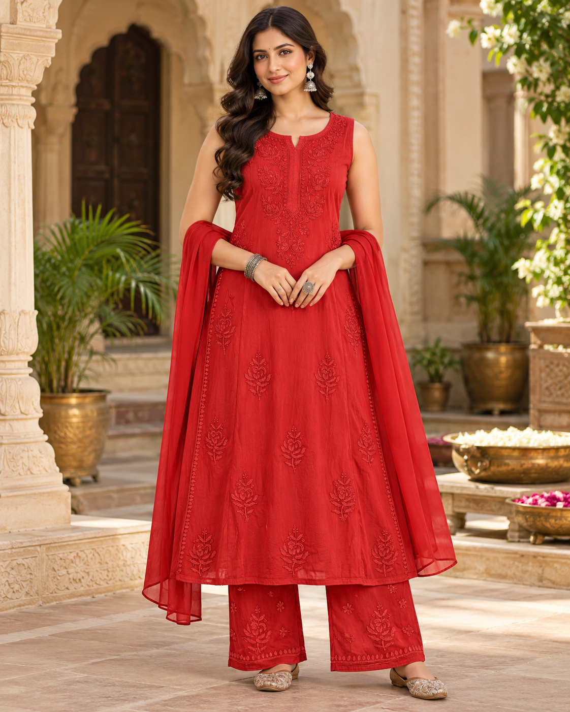Modal Satin Spaghetti Sleevless Kurti Duppatta Plant Set (3Pcs)