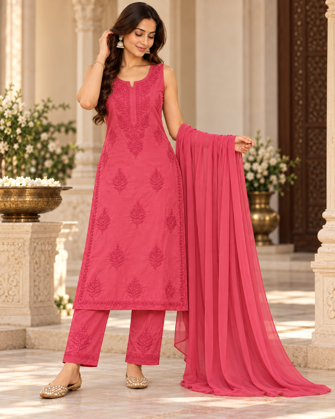 Modal Satin Spaghetti Sleevless Kurti Duppatta Plant Set (3Pcs)
