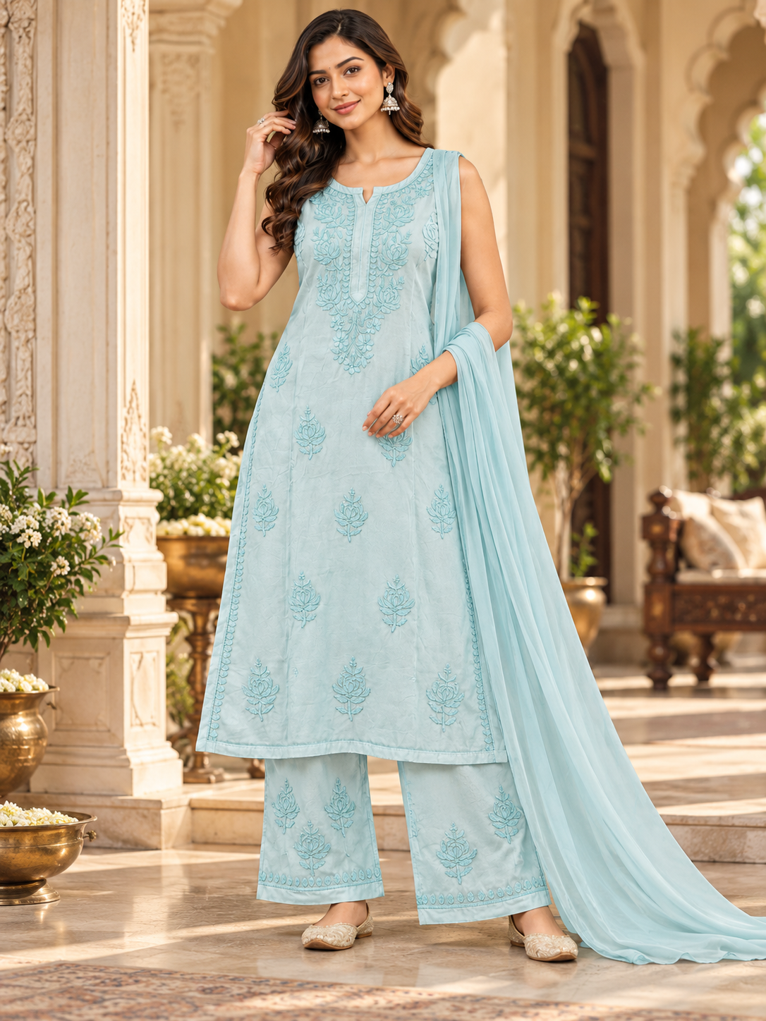 Modal Satin Spaghetti Sleevless Kurti Duppatta Plant Set (3Pcs)