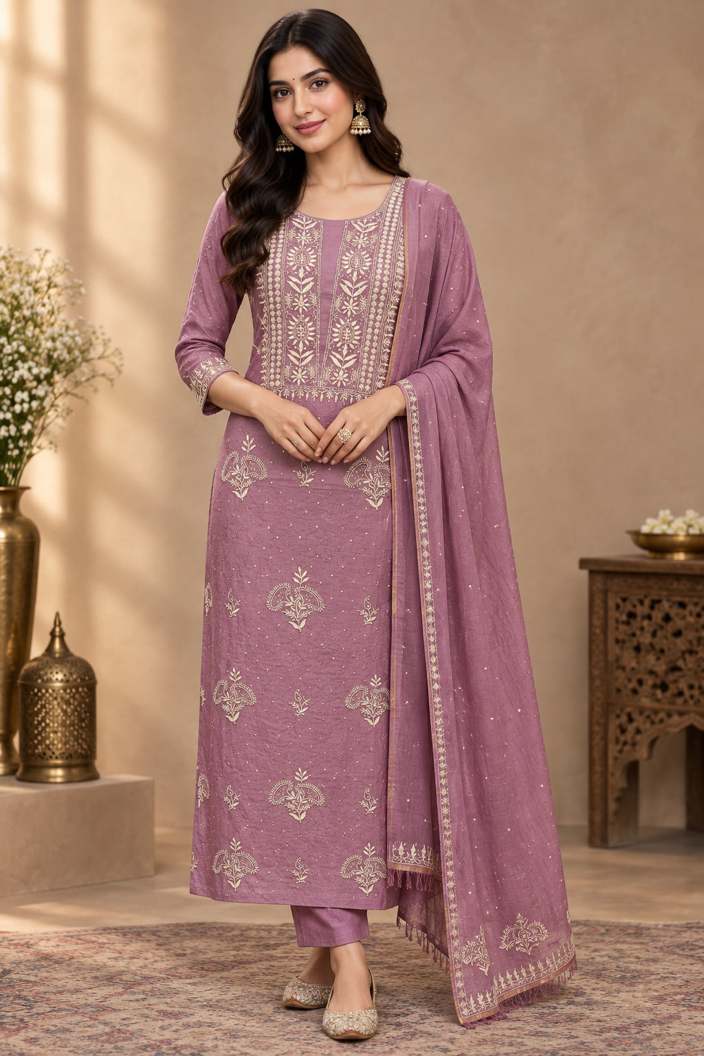 Mauve Chikankari Kurti Dupatta Set on Indian Model