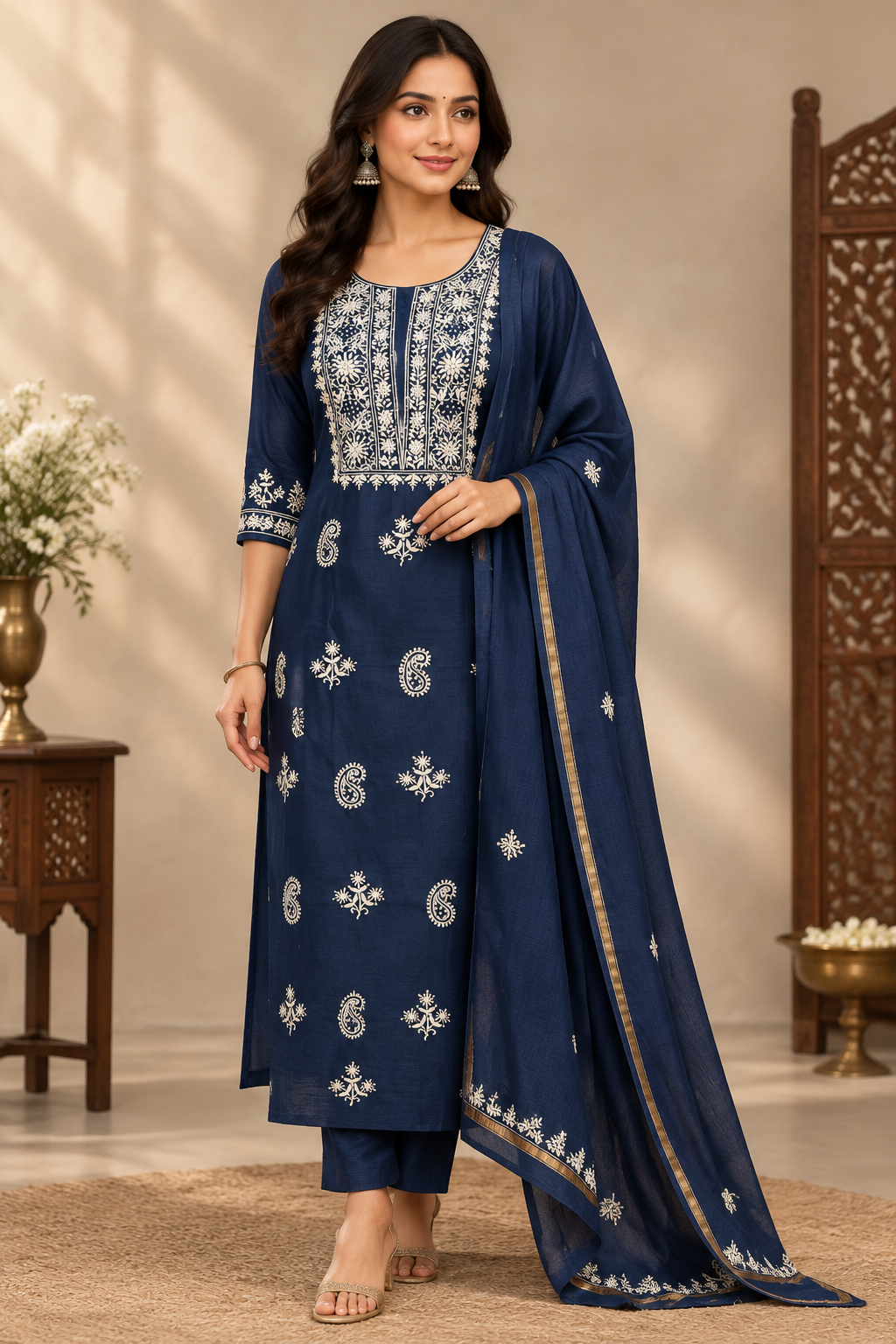 Navy Blue Chikankari Kurti Dupatta Set on Indian Model