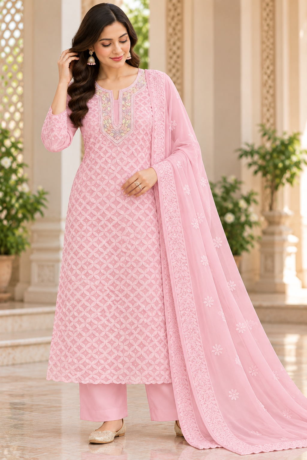 Viscose Georgette Cutdana Parsi Neck Kurti Duppatta Sets