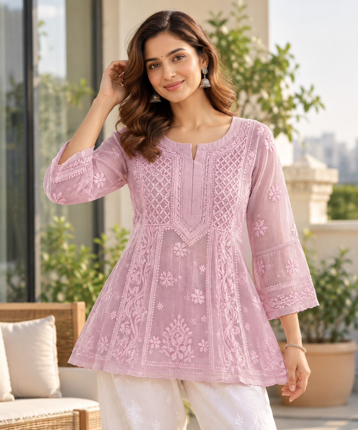 Kota Doria Fine Chikankari Work Short Top