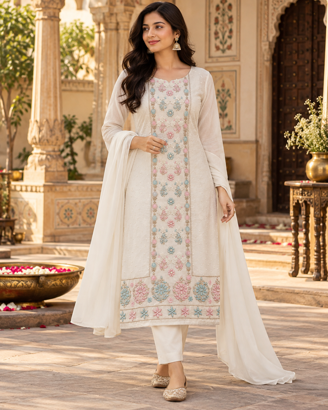 Viscose Georgette Heavy Pearl Cutdhana Unstitched Kurti Duppatta Sets