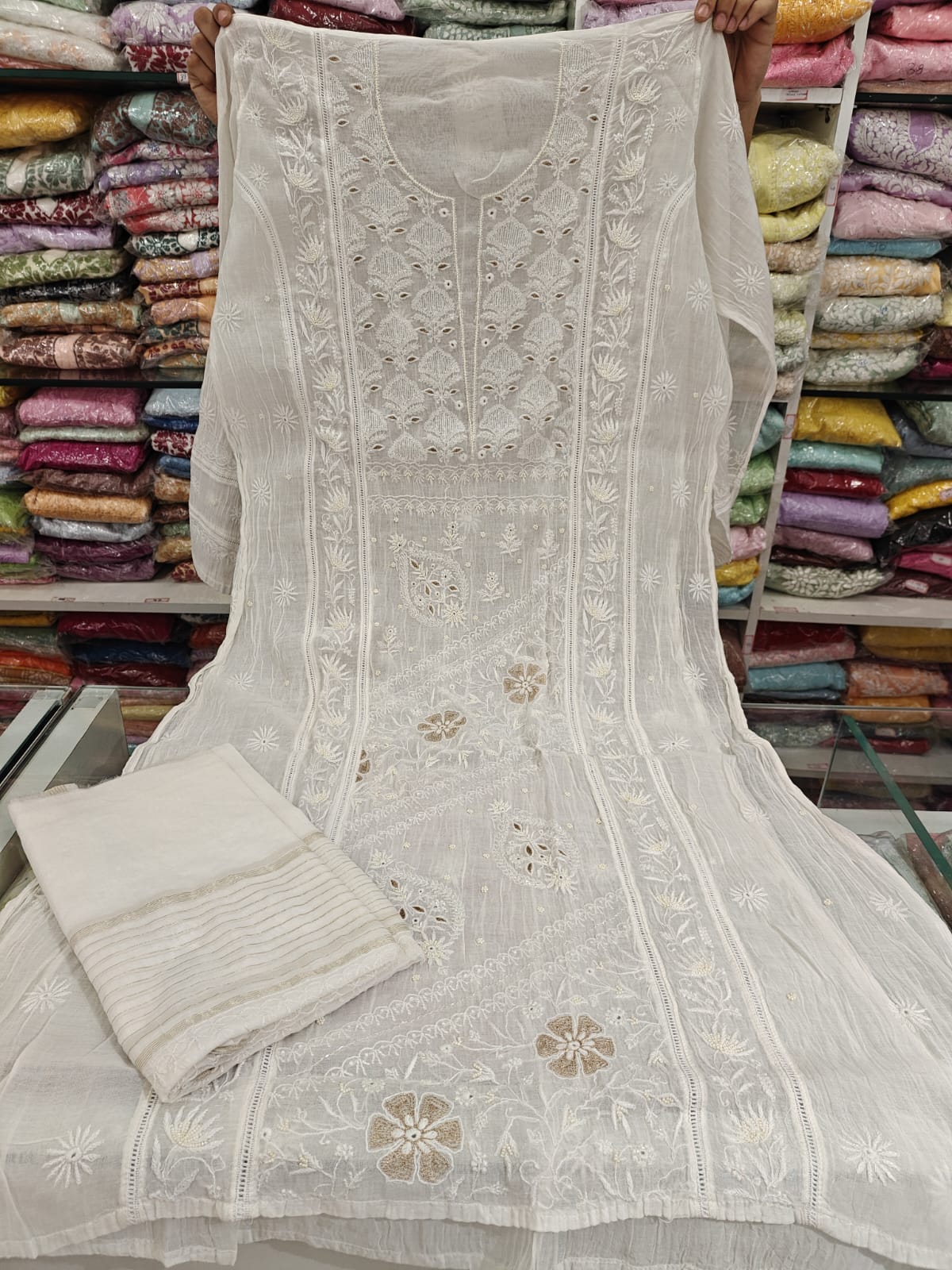 Pure Mul Chanderi Pearl Semi Stiched Suit Sets