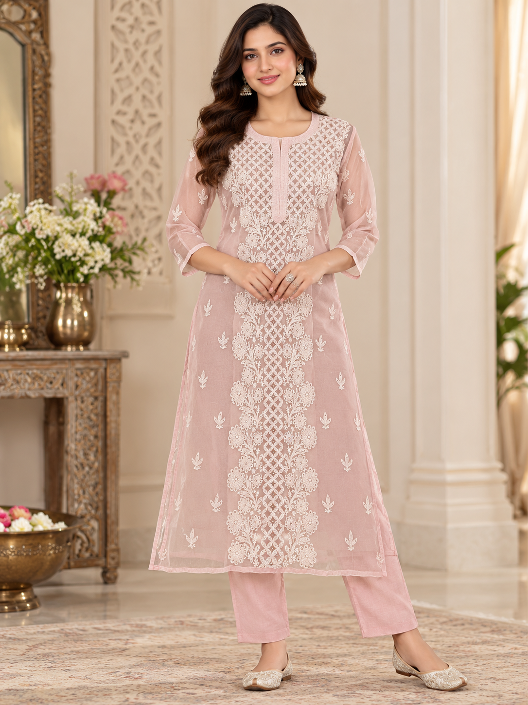 Organza Ghaspatti Chikan Mukaish Party Wear Long Kurti With Matching Inner