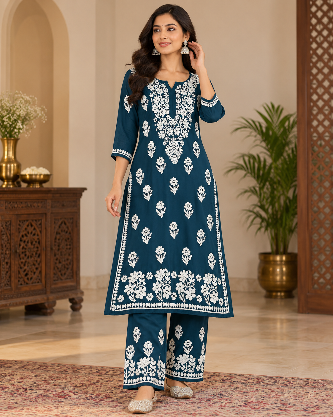 Muslin Lucknowi Kurti Pant Set