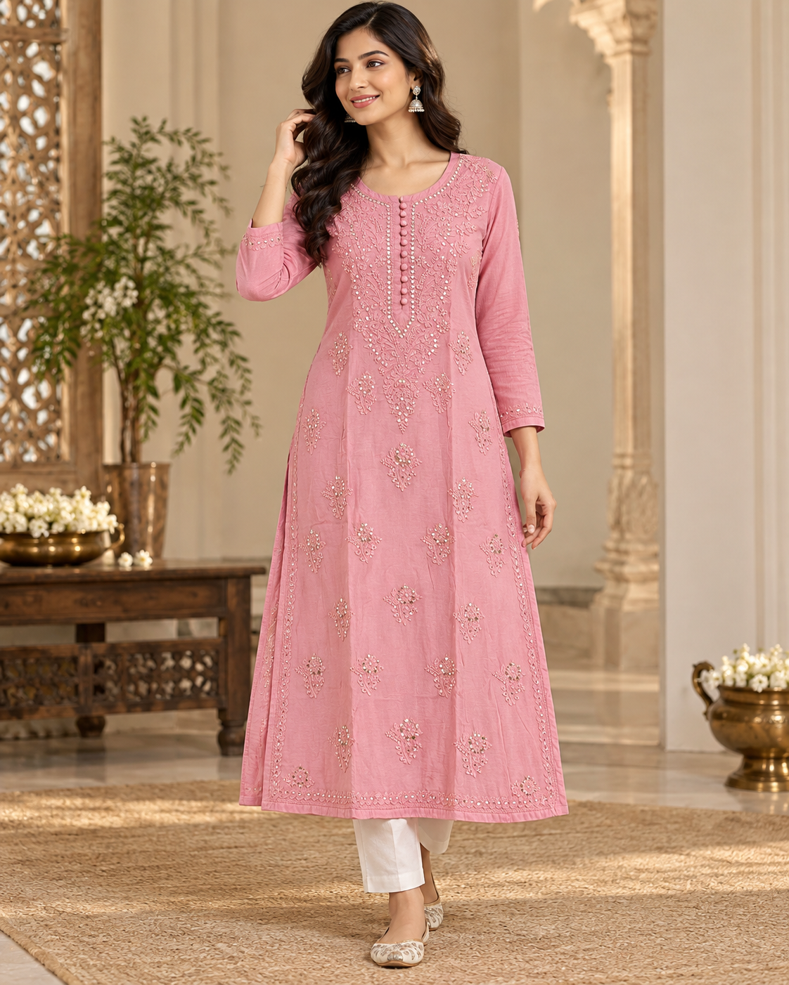 Chanderi Silk Chikan Mukaish Work Straight Kurti