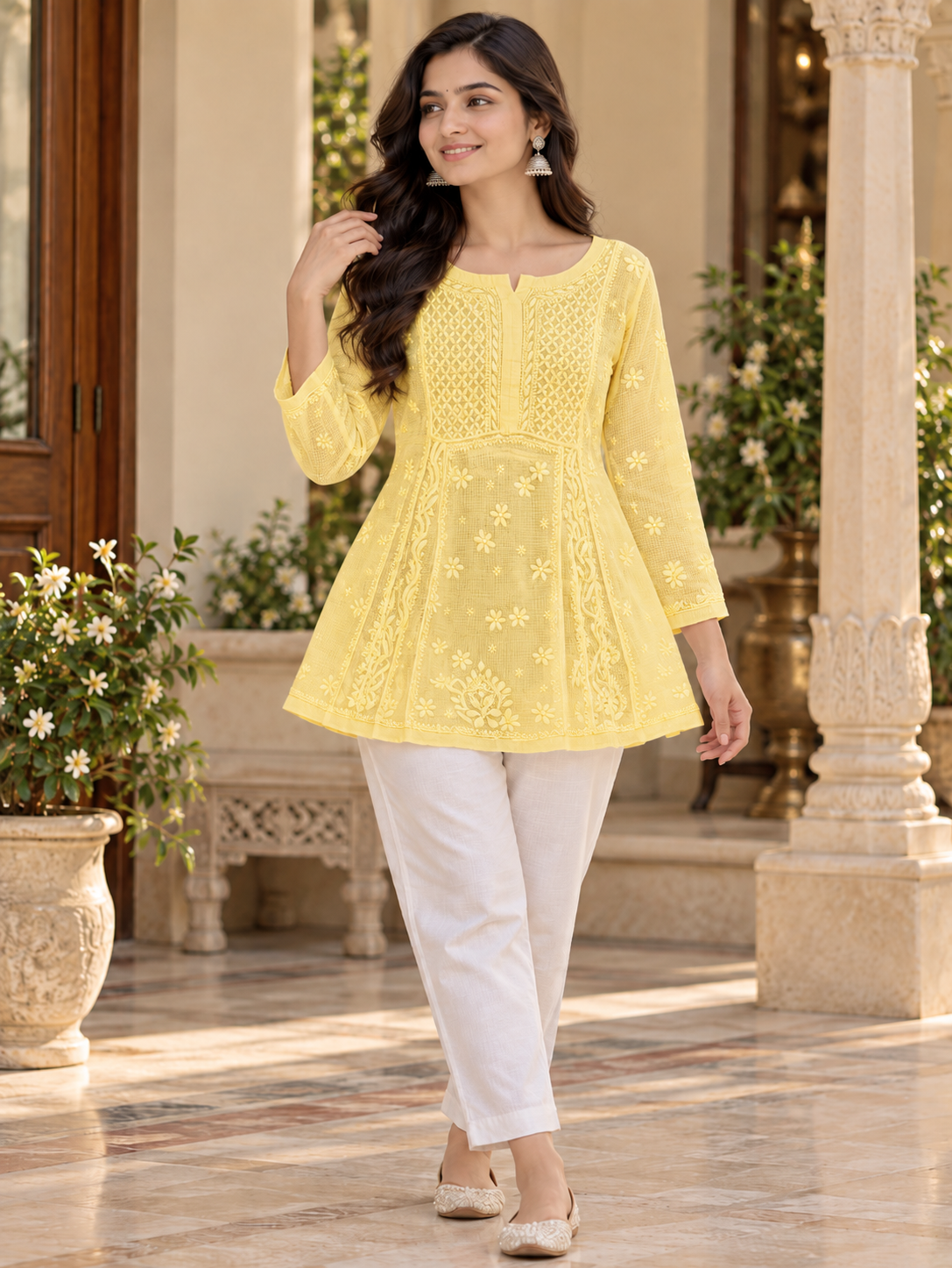 Kota Doria Fine Chikankari Work Short Top
