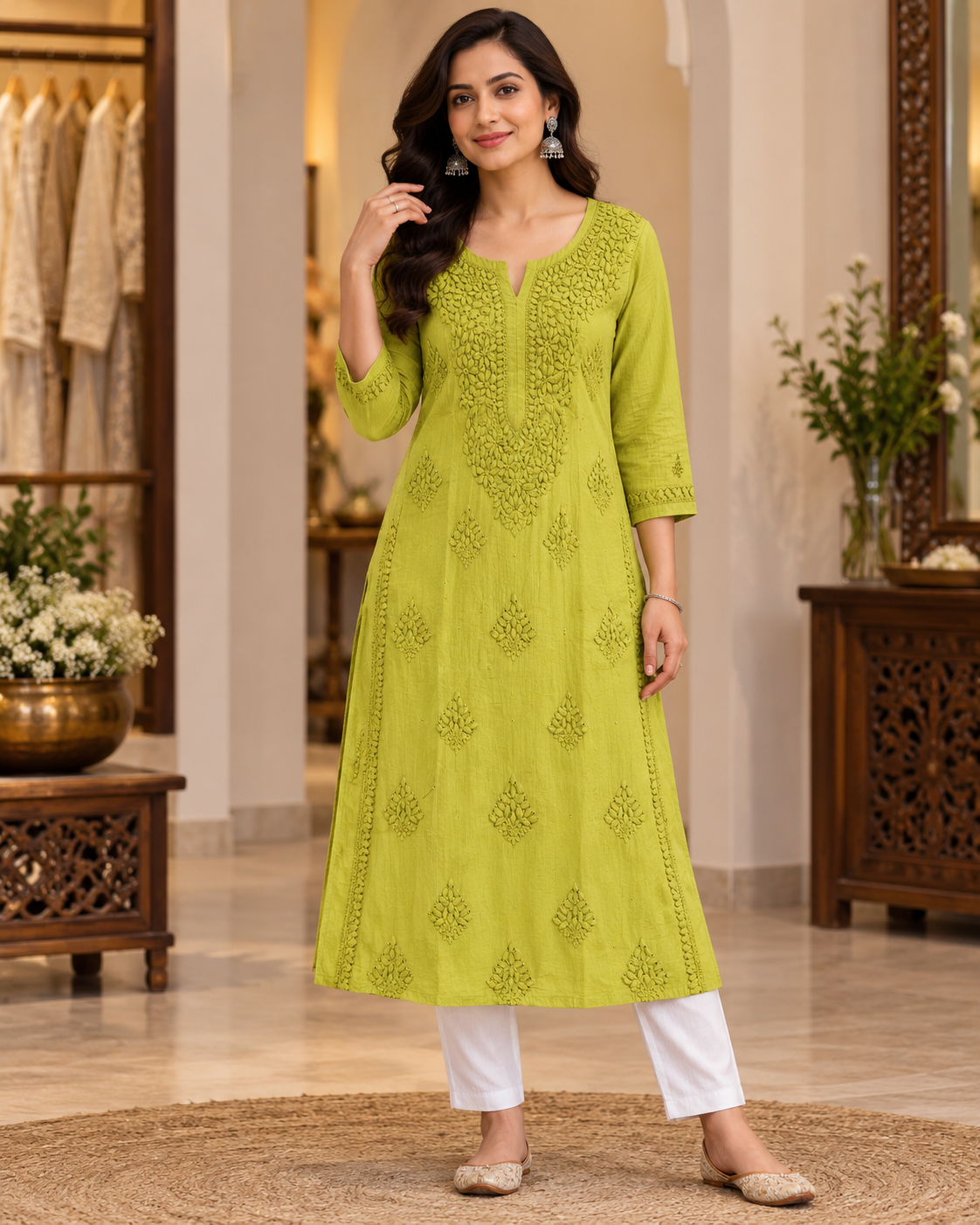 Chanderi Silk Chikan Mukaish Work Straight Kurti