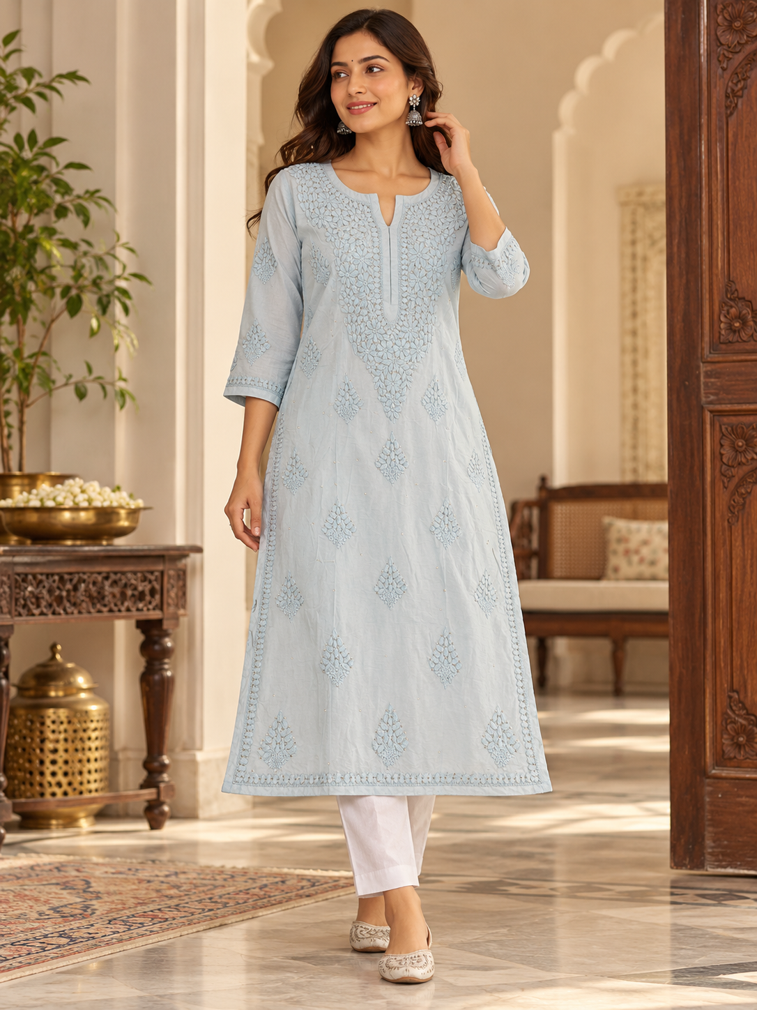Chanderi Silk Chikan Mukaish Work Straight Kurti