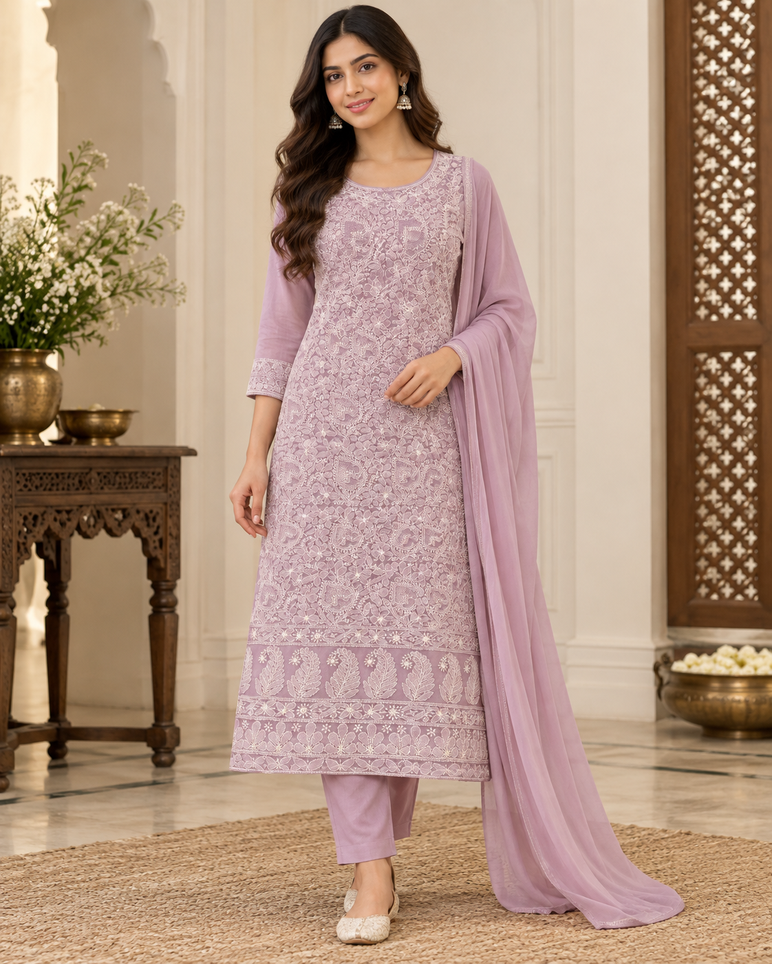 Cotton Full Front Jaal Shadow Work 3 Pcs Suit Sets