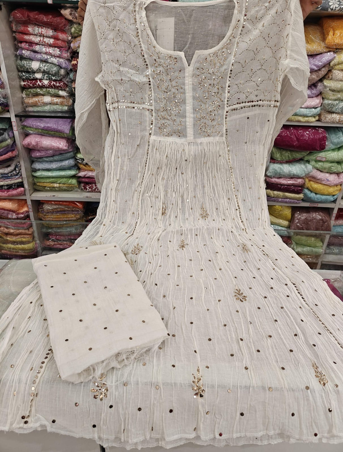 Mul Chanderi Mukaish Bijli Pitta Work Tunic Suit Sets (Semi Stiched)