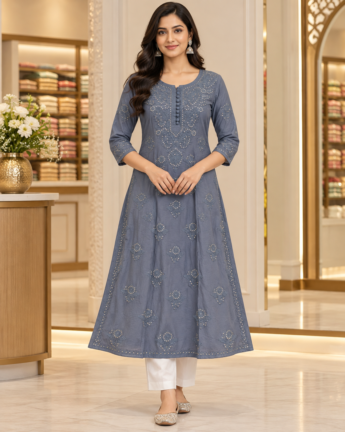 Chanderi Silk Chikan Mukaish Work Straight Kurti