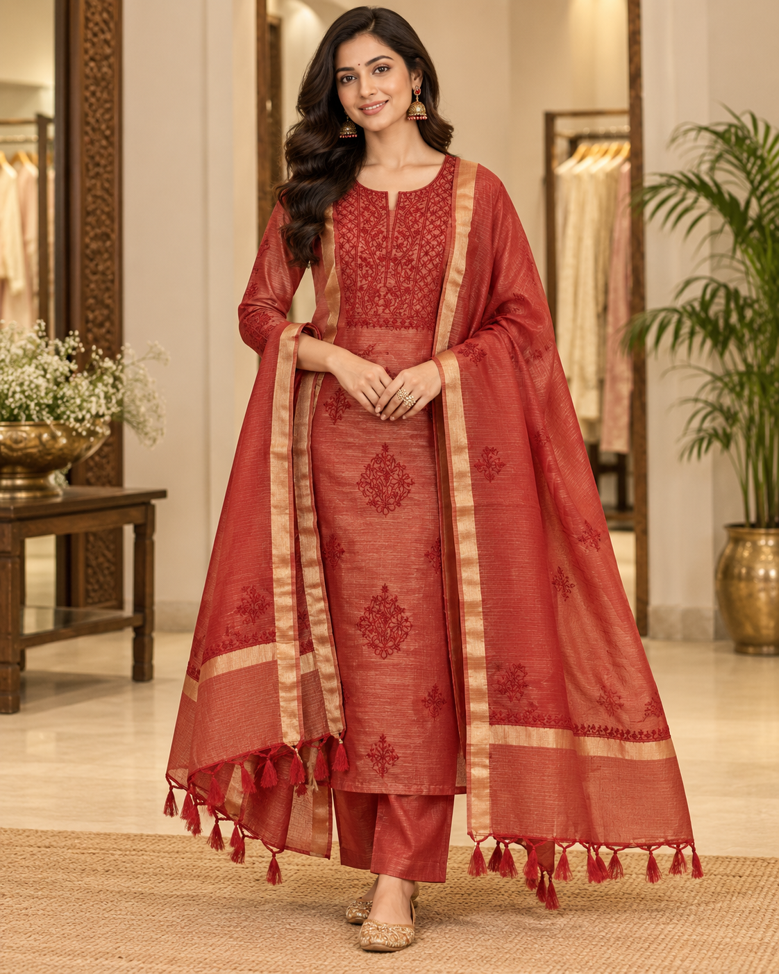 Kota Doria Golden Zari Work Unstitched Kurti Duppatta Sets